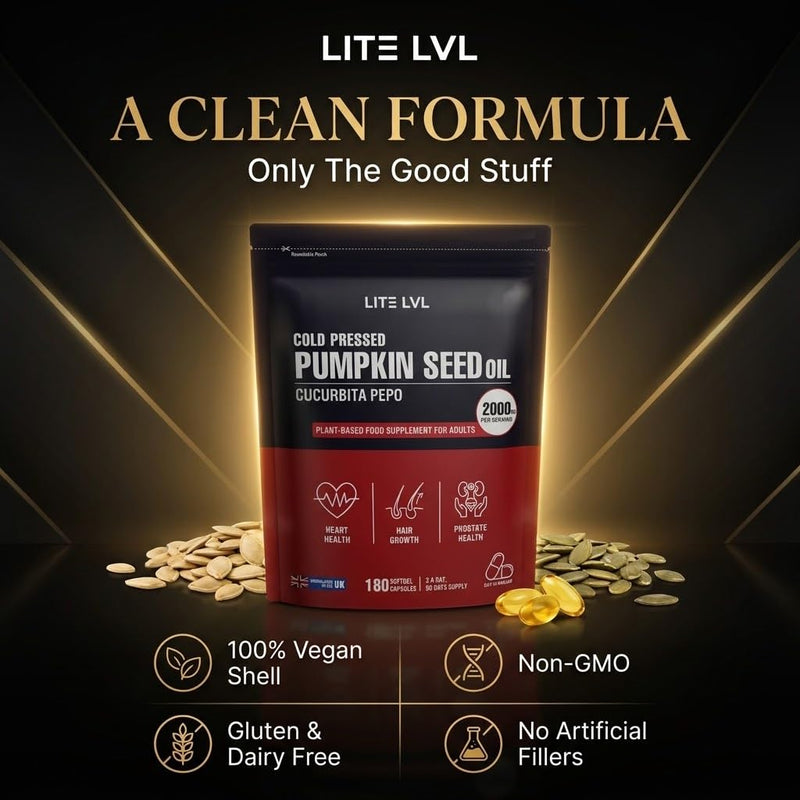 LITE LVL Pumpkin Seed Oil 2000mg – 180 Softgel Capsules | Cold-Pressed | Helps Support Prostate Health, Hair Growth, Bladder & Immune Function | 90 Day Supply | Vegan-Friendly Supplement
