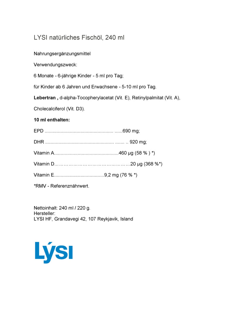 [Australia] - Lysi Cod Liver Oil High In Omega 3 Natural Flavor 240 ml Liquid Supplement x 2 Bottles Made From FIsh In Iceland 
