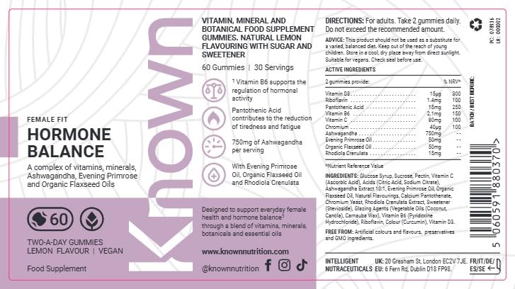 Known Hormone Balance Women’s Multivitamin Gummies – Lemon – Vitamin B6, D & C, Ashwagandha, Evening Primrose Oil – Energy, Mood & Skin Support – Vegan Gummy Supplement – For Women – 1 Month Supply Bottle