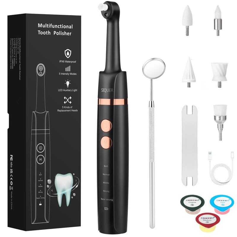 [Australia] - Tooth Polisher - SIQUER Plaque Remover for Teeth Whitening Dental Tools Electric Tartar Polishing Teeth Cleaning Kit with LED Light 5 Speed Modes with 5 Replacement Brush Heads (Black) Black 
