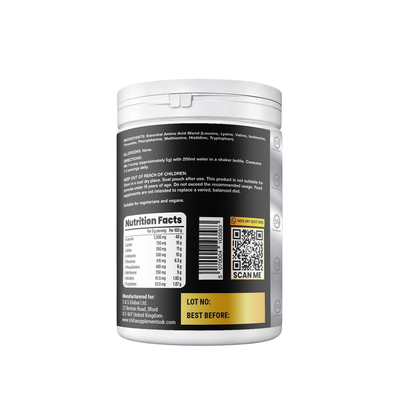 Essential Amino Acids (EAA) Powder 350g – Unflavoured | 70 Servings | Zero Sugar | Vegan | No Sweeteners, No Flavours, Clean Formula Amino Blend, Halal