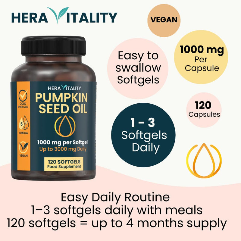 Pumpkin Seed Oil Capsules – 3000mg Daily Cold Pressed Pumpkin Seeds – Vegan Softgels for Prostate & Bladder Support – Omega 6 & 9-120 Capsules 120 count (Pack of 1) Pumpkin Seed Oil