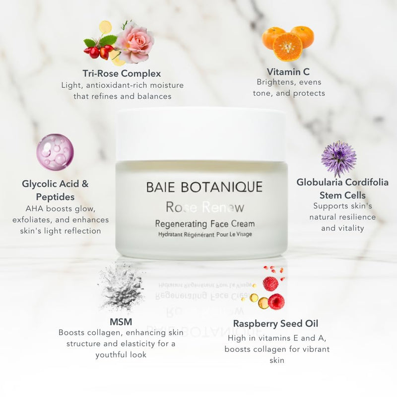 Baie Botanique Organic Face Cream & Natural Face Moisturiser – Anti-Ageing Cream for Women & Men with Rose Water, Rosehip, Vitamin C, E, Hyaluronic Acid & Botanical Collagen – Facial Moisturiser 50ml