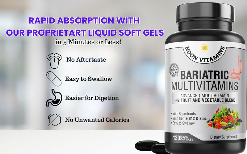 Bariatric Multivitamin with Iron for Women & Men - All-in-One 42 Superfood Blend for Energy & Immune Support - Post-Surgery Recovery, Easy-to-Swallow, Halal, Made in USA (120 Liquid Capsules) 120 Capsules