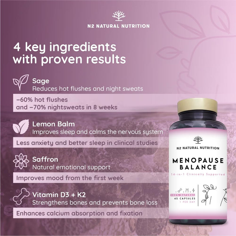 Menopause Supplements, 14-in-1 Formula with Clinical Support. 45 Capsules with Vitamin d3 k2, Omega 3, Biotin, Folic Acid. Estrogen and Hormone Balance for Women. N2 Natural Nutrition® Menopause Supplements