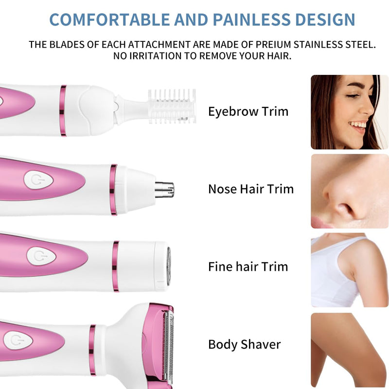 Electric Razor for Women, Bikini Trimmer Womens Shaver for Face Nose Eyebrow Body Leg Pubic Underarm Arm Ladies Rechargeable 4 in 1 Hair Removal Kit Painless Trimming, Gifts for Women (Pink) Pink