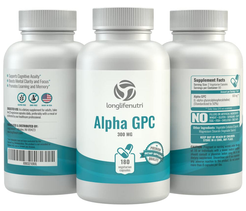 [Australia] - Alpha GPC Choline Supplement 300mg - 180 Vegetarian Capsules | Made In Usa | Cognitive Enhancer Nootropic | Supports Memory & Brain Function | Boosts Focus & Mood | 300 mg Pure Powder Pills Complex 180 Count (Pack of 1) 