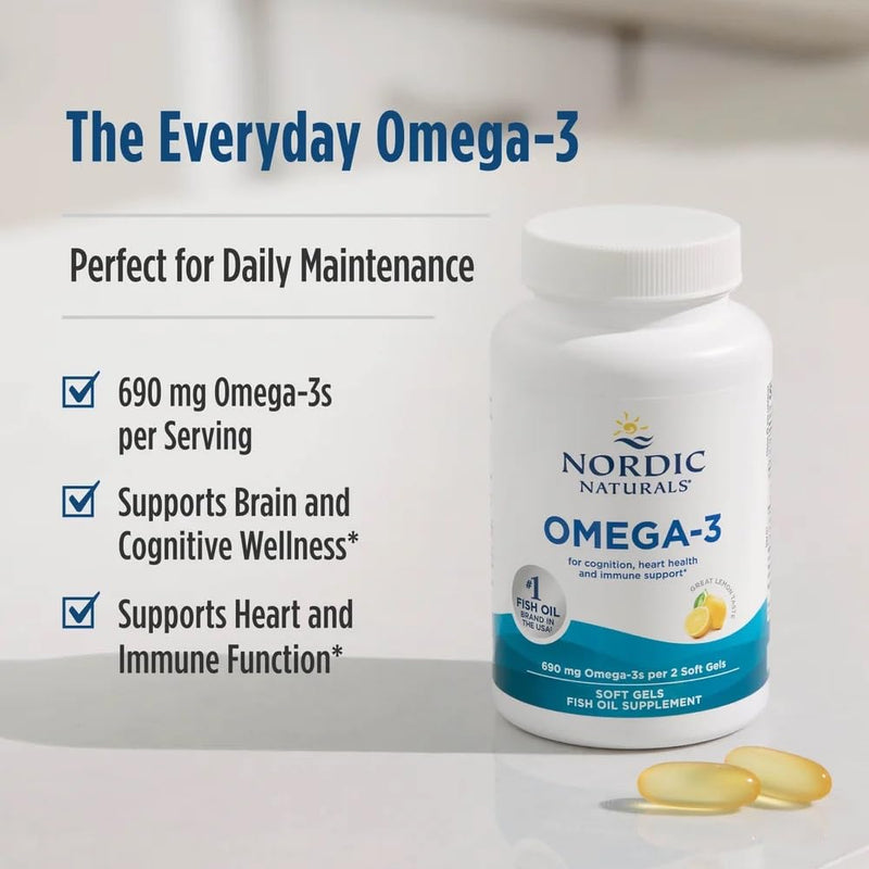 Nordic Naturals Omega-3, 690mg Fish Oil, EPA & DHA, Lemon - 90 Count | Omega-3 fish oil supports immune, brain & heart health. Optimal Wellness. Non-GMO, burpless. 45 servings. 90 Count (Pack of 1)