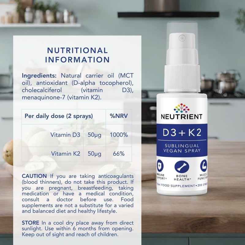Neutrient™ Vitamin D3 + K2 Oral Spray 2000iu, Vitamin D3 75mcg Vitamin K2 (MK7) High Strength, Bone Health, Immune Support & Muscle Functioning Vegan Oral Spray