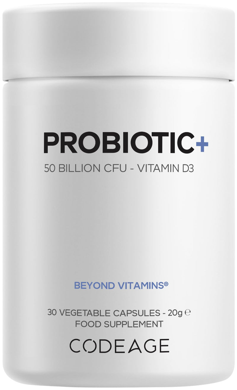 Codeage Probiotic+ 50 Billion CFU Supplement - 12-Strain Probiotic Blend, Prebiotic Fiber, Vitamin D3, Zinc Bisglycinate, Quercetin - for Men & Women - Non-GMO- 30 Capsules