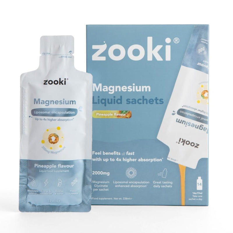Zooki Liposomal Magnesium Glycinate Liquid Sachets, High Strength Magnesium Supplement, Liquid Magnesium for Muscle Relaxation Sleep & Energy Support, Vegan Sachets (Pineapple, 14 Servings) 17 ml (Pack of 14)