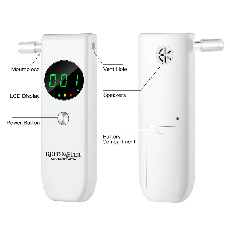 Home Ketone Breath Analyzer Professional Ketone Breath Monitors Tester Portable Ketone Breath Testing - Ketone Breath Meter for Testing ketosis with 10 Mouthpieces -Monitor Your Ketosis Status White