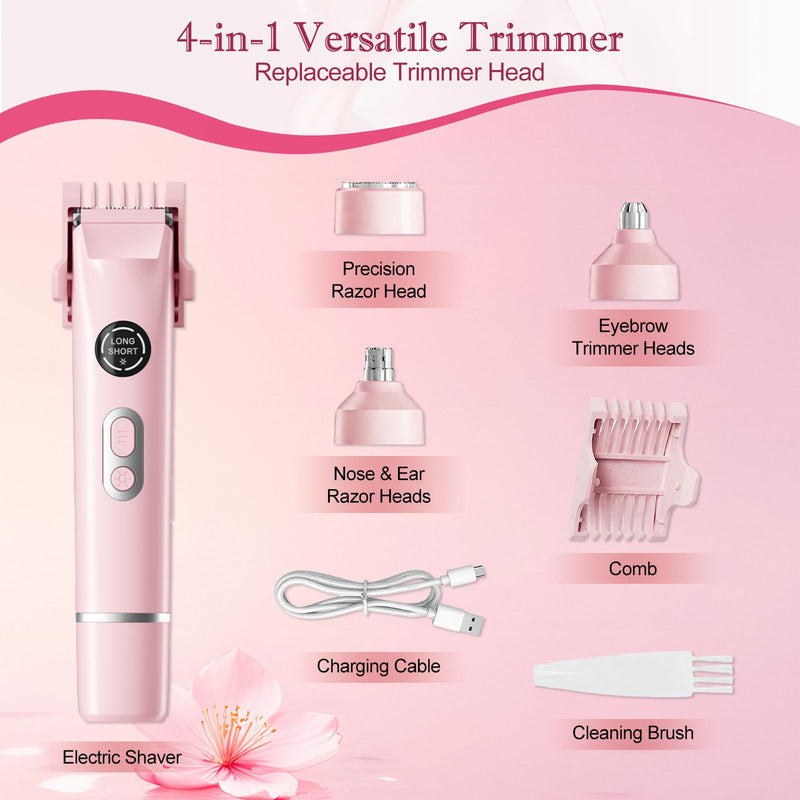 2025 New Bikini Trimmer for Women, 4 in 1 Dual Head Electric Razor, IPX7 Waterproof (Wet/Dry), Painless Hypoallergenic for Shower & Travel, USB Rechargeable for Pubic/Underarm/Leg, Pink