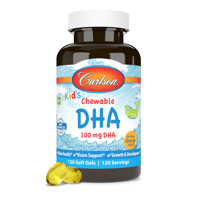 Carlson Kid's Chewable DHA, 100 mg, DHA, From Norway, 120 Chewable Softgels | Orange; Growth and Development; Wild Caught; Sustainably Sourced; Non-GMO 120 Count (Pack of 1)