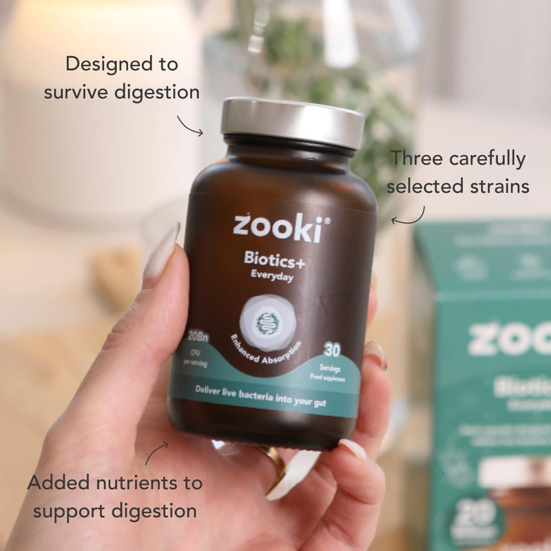 Zooki Biotics+ Everyday Probiotic Supplement – 20 Billion CFU Oral Probiotics for Gut Health with Multi-Strain Cultures – Probiotic & Travel Probiotics for Daily Gut Health Support (30 Capsules)