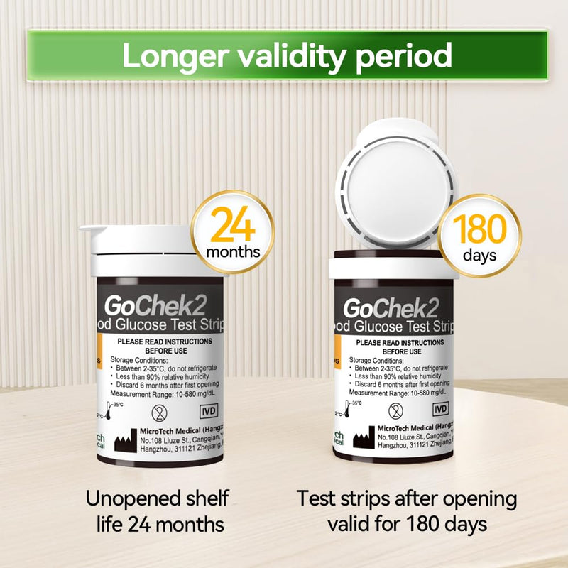 MicroTech Blood Glucose Test Strips & Lancets, 180d Opening Valid, Immune to Blood Oxygen, Only for Gocheck2, 100 Count.