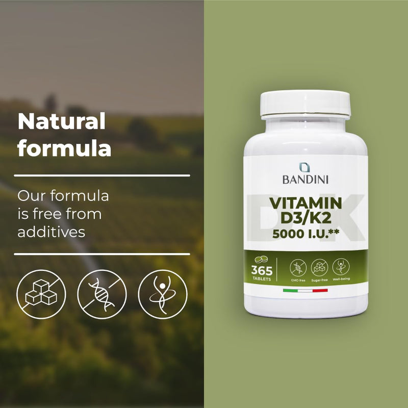 Bandini® Vitamin D3 K2 | 365 Easy-to-Swallow Tablets | 5000 IU Vitamine D 3 + 100 mcg Vitamin K2 MK-7 99% All Trans | For Bones, Teeth, Muscles, Joints & Immune System | High Strength Vegan Supplement