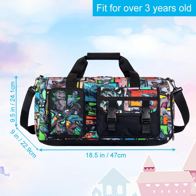 WZLVO Duffle Bag for Boys with Shoe Compartment - Dinosaur Print Sports Bag for Kids, Lightweight Travel Gym Overnight Weekender Bag (18x9x10 Inches) Boys Dinosaur Duffle Bag