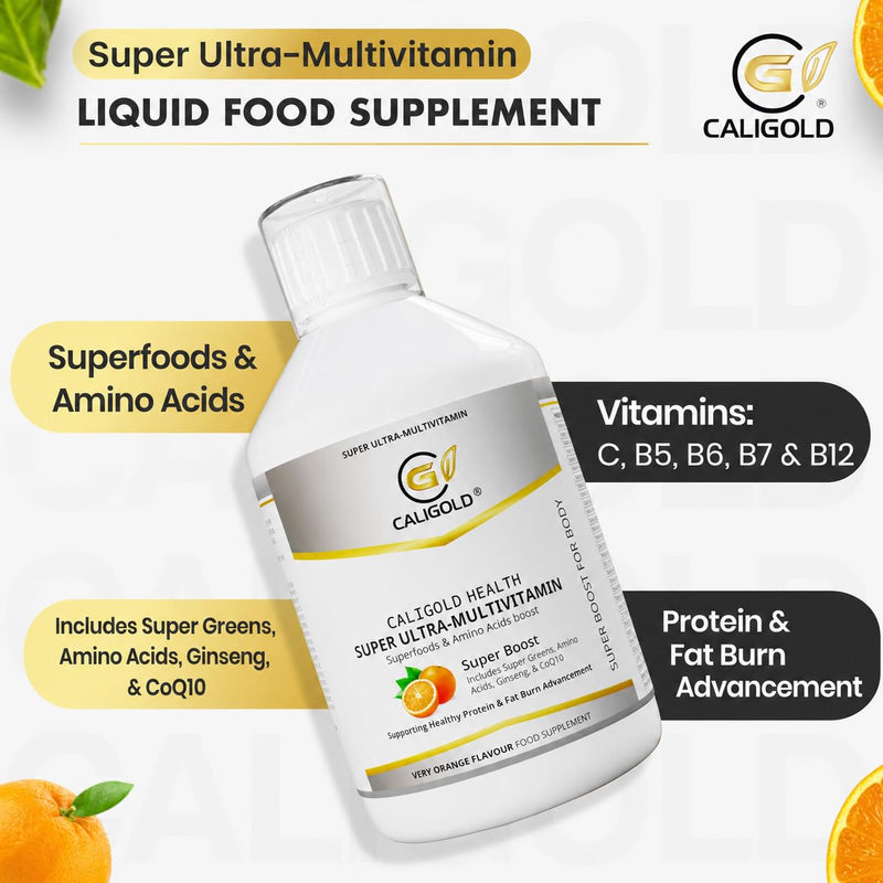 CALIGOLD Health Super Ultra Multivitamins and Minerals - Super Liquid Vitamins Boost Includes Super Greens & Amino Acids in Orange Flavour Daily Supplement