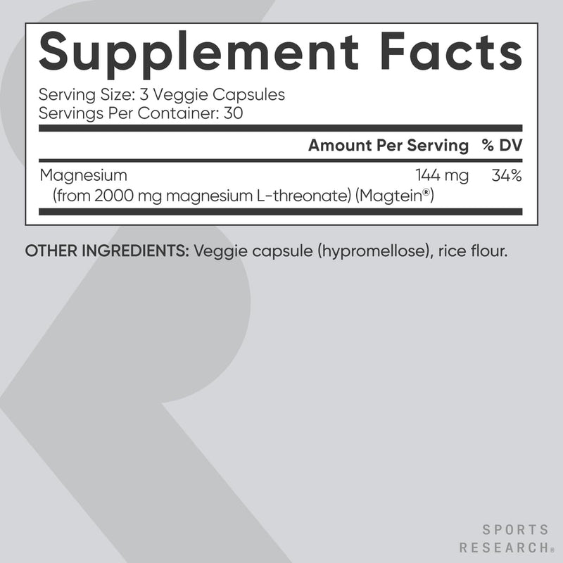 [Australia] - Sports Research Magtein Magnesium L-Threonate Capsules - Magnesium Supplement for Memory, Focus & Cognition - Magnesium L Threonate Supports Brain Health, Sleep & Mood - 2000mg, 90 Capsules for Adults 90 Count (Pack of 1) 