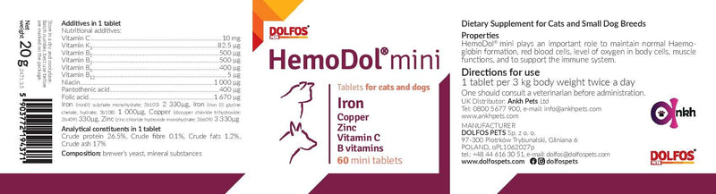 HemoDol 60 mini tablets Iron Support for Dogs and Cats Copper Zinc B Vitamins