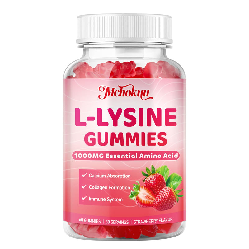 [Australia] - L-Lysine 1000mg Gummies, Chewable Lysine Supplement for Adults & Kids Immune Support, Essential Amino Acid, Vegetarian, Non-GMO, Sugar-Free, Gluten Free, Strawberry Flavor, 60 Counts 60 Count (Pack of 1) 