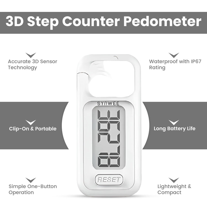 [Australia] - 3D Pedometer for Walking ‚Äì Simple Step Counter with Clip, Large Display & Reset Button ‚Äì No Bluetooth or App Needed ‚Äì Portable Step Tracker for Adults and Seniors (White) 