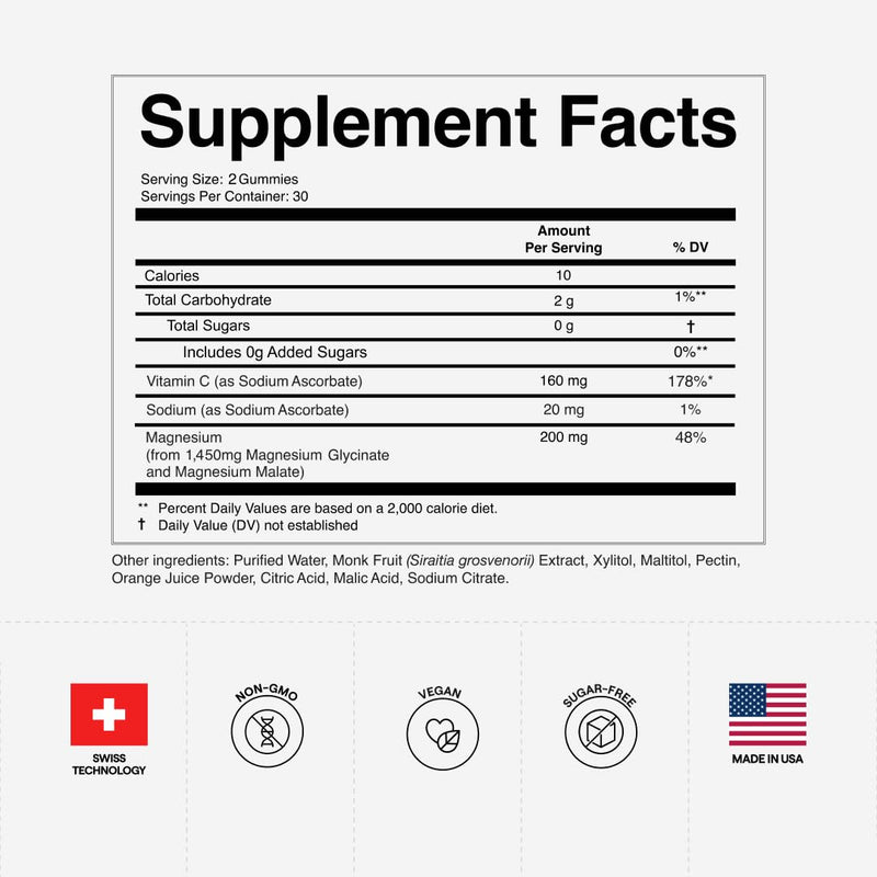 Magnesium Gummies 200 mg per Serving, Magnesium Glycinate & Malate with Vitamin C, Sugar-Free, Vegan, Magnesium for Men & Women, 60 Gummies, 30 Servings, Orange Flavor 60 Count (Pack of 1)