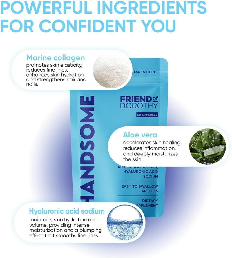 Handsome - Marine Collagen Capsules - Aloe Vera, Hyaluronic Acid & Vitamin C - Supports Skin Firmness, Hydration & Radiance - 60 Capsules for Men
