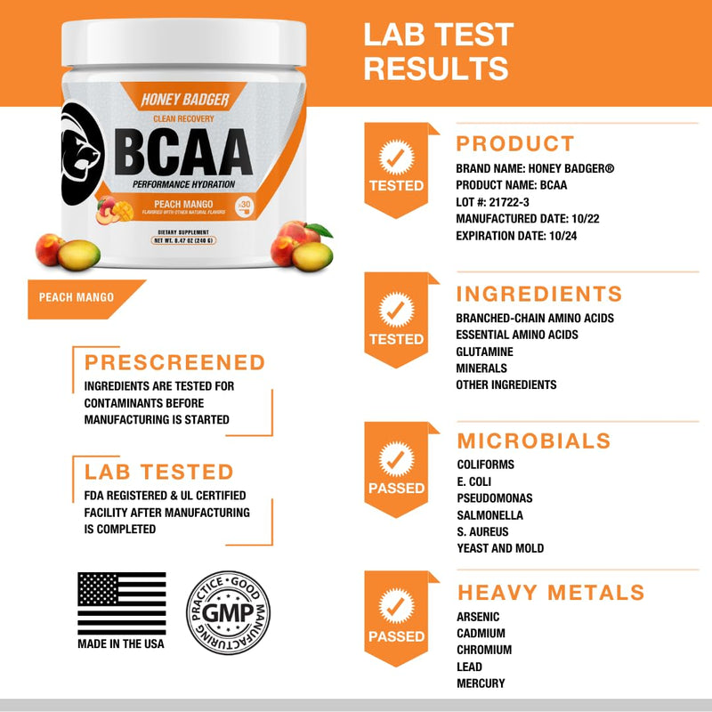 [Australia] - Honey Badger BCAA + EAA Amino Acids Electrolytes Powder, BCAAs + L-Glutamine, Keto, Vegan, Sugar Free for Men & Women, Hydration & Post Workout Muscle Recovery Drink Mix, Peach Mango, 30 Servings 