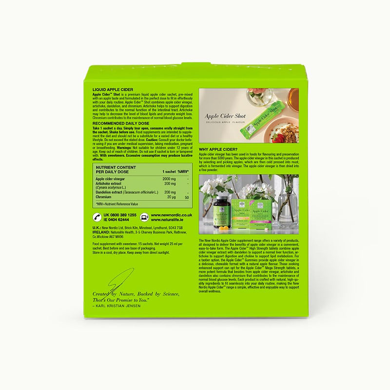 New Nordic Apple Cider Vinegar Shot, Liquid Sachets with Artichoke, Dandelion and Chromium, 15 Sachets 15 Sachets (Pack of 1)