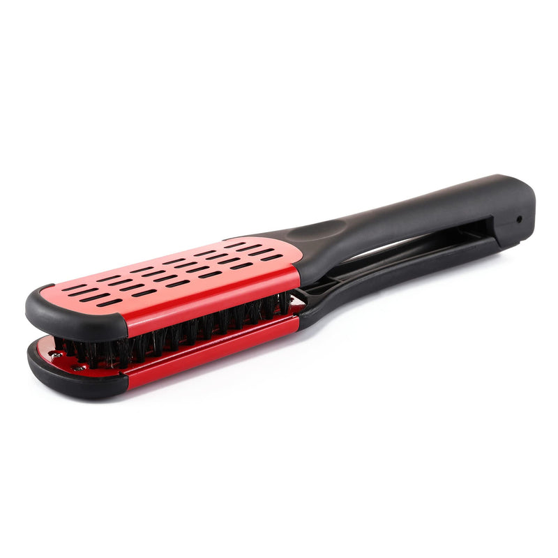 [Australia] - Aethland Double Sided Brush Clamp Straightener, Boar Bristles Clamp Hair Straightening Brush With Detangler - Hair Styling Tool #03 Red 