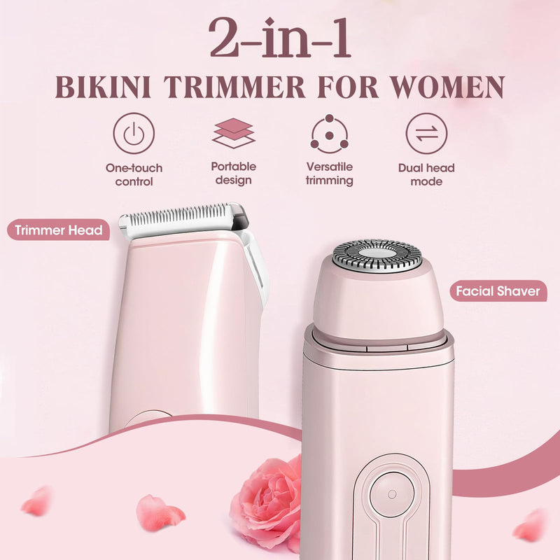 [Australia] - Bikini Trimmer Electric Razors for Women, 2-in-1 Dual-Head Cordless Body Hair Trimmer Facial Hair Removal for Face Lip Chin Pubic Underarm Legs, IPX6 Waterproof, Gifts for Women Pink 