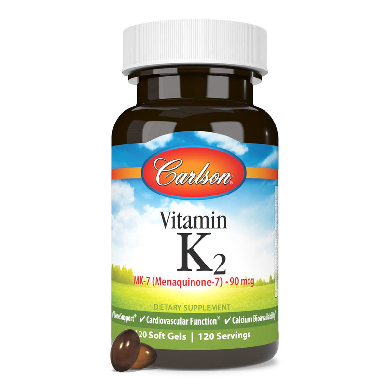 Carlson Vitamin K2 MK-7 (Menaquinone), 90 mcg, Bone Support, 120 Softgels | Calcium Bioavailability; K2 Vitamin; Vitamin K-2 120 Count (Pack of 1)
