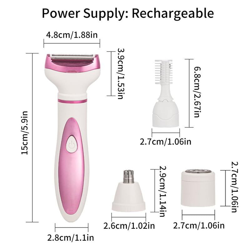 Electric Razor for Women, Bikini Trimmer Womens Shaver for Face Nose Eyebrow Body Leg Pubic Underarm Arm Ladies Rechargeable 4 in 1 Hair Removal Kit Painless Trimming, Gifts for Women (Pink) Pink