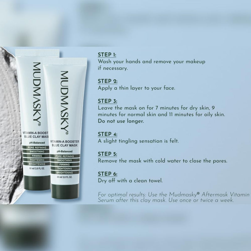 MUDMASKY Vitamin-A Booster Blue Clay Mask 60ml / 2.0FL - Natural Retinol Alternative with Bakuchiol, Skin Care for Pore Refinement, Tightening & Brightening - Fragrance-Free Beauty Face Mask
