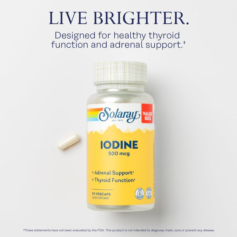 [Australia] - Solaray Iodine 500 mcg, Iodine Supplement for Healthy Adrenal and Thyroid Support, Energy, Metabolism, and Focus, Potassium Iodide, Vegan, 60-Day Money-Back Guarantee, 90 Servings, 90 VegCaps 90 Count (Pack of 1) 