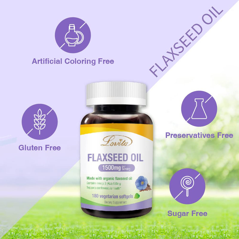 Organic Cold-Pressed Flaxseed Oil : 1500mg with 900mg ALA Omega-3. Vegan. 180 Softgels 180 Count (Pack of 1) New Packaging