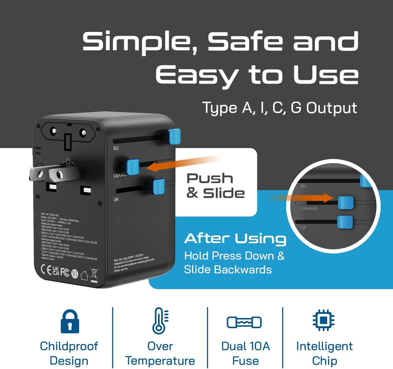 Ceptics GAN 100W Universal Travel Adapter with Retractable USB-C Cable, 2X USB-A & C, Universal Input and 1x USA/JP Input, 7 in 1 Universal Adapter for Worldwide Travel - Type A, C, G, I Output Black/Blue