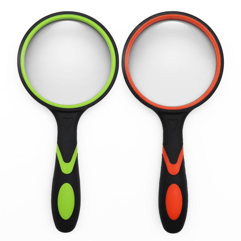 2 Pack 75mm 10X Handheld Magnifying Glass,Rubber Reading Magnifier for Kids Seniors, Suitable for Hobbies and Science Green&orange