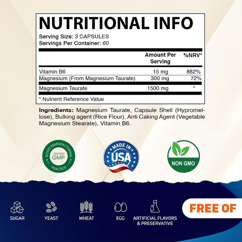Vitamatic Magnesium Taurate 1500mg per Serving - 180 Vegetarian Capsules (Provides 300 mg of Elemental Magnesium) - Added B6 for Maximum Absorption - Supports Muscle, Joint, and Heart Health*