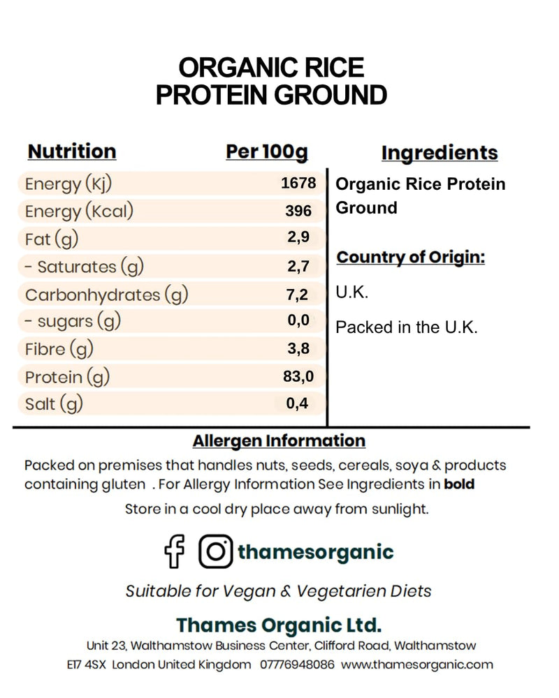 Thames Organic Organic Rice Protein Ground: Premium Plant-Based Protein for Health & Fitness Enthusiasts - Vegan-Friendly 1kg