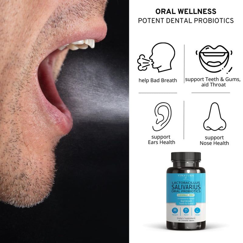 [Australia] - VINATURA Lactobacillus Salivarius Oral Probiotics - Mouth Bad Breath Treatment for Adults, Dental probiotics for Teeth and Gums, Throat, Ear, Nose - 45 Chewable Mint Tablets 