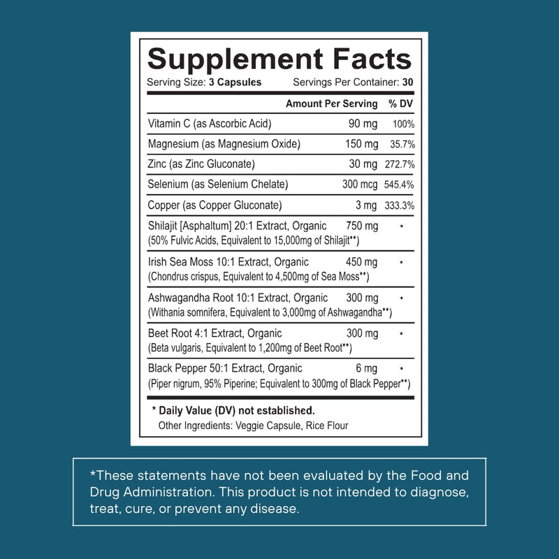 [Australia] - Shilajit Pure Himalayan Organic Capsules 15000mg with Irish Sea Moss, Ashwagandha, Copper, Beet Root - Fulvic Acid Trace Minerals Supplement for Men & Women - 90 Count, Non-GMO, Gluten-free 