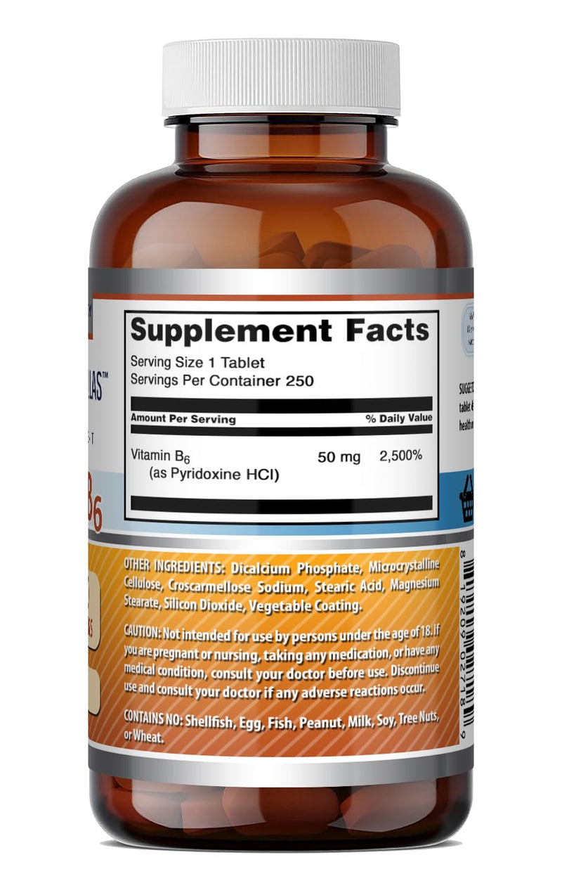 Amazing Formulas Vitamin B6 Pyridoxine 50mg 250 Tablets Supplement | Non GMO | Gluten Free | Made in USA