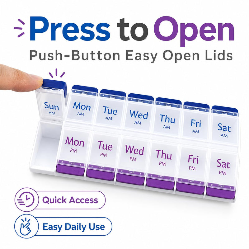 Jumbo AM PM Pill Organizer 7 Day - Weekly Pill Box 2 Times a Day | Push-Button Easy Open Clear Lids, BPA Free Plastic for Vitamins, Supplements and Medication