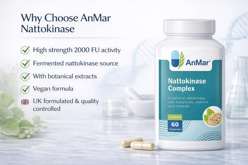 AnMar® Nattokinase Complex 2000 FU – 100mg Nattokinase Enzyme with Black Seed, Green Tea & Selenium – Fermented Soy Nattokinase Supplement – 60 Vegan Capsules