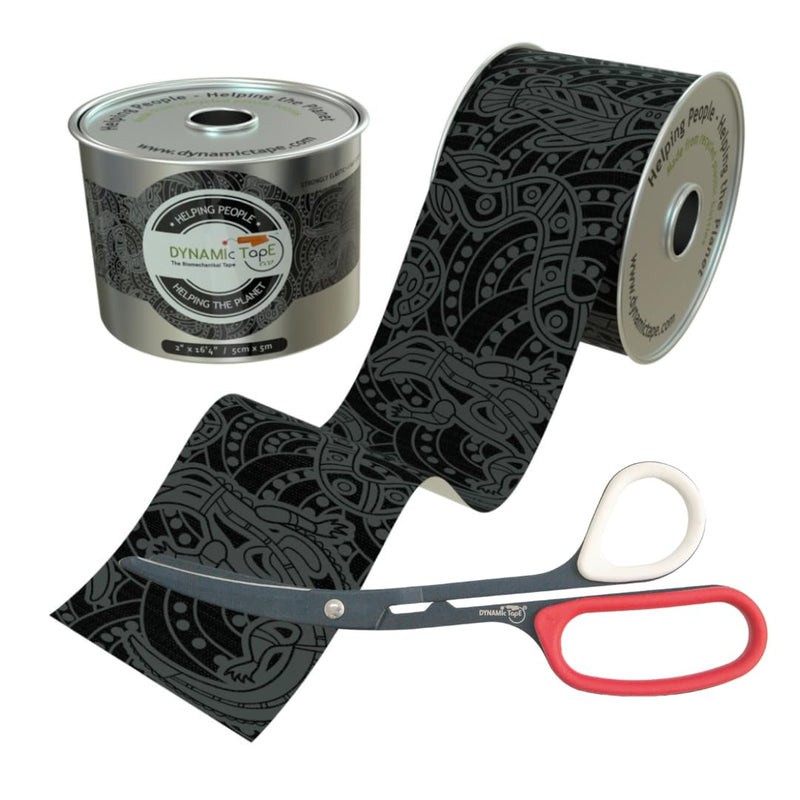 Dynamic Tape Eco | Biomechanical Adhesive Physio Tape + Precision Scissors | 2" Grey & Black Sports Tape + 8.5” Non-Stick Teflon-Coated Blades | Ideal for Kinesiology, Knee, Ankle, Muscle & Ligament S