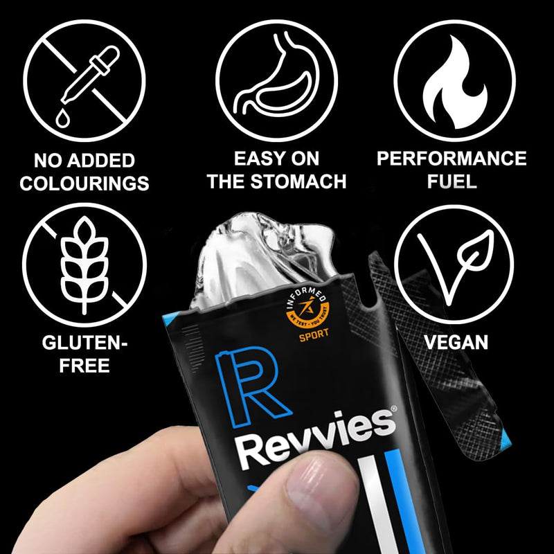 REVVIES Energy Gelly - 12-Pack | 30g Dual Source Carbs | Easy on the Stomach | Fast Acting | Neutral Flavour | Natural Ingredients | Vegan & Gluten Free | Batch Tested