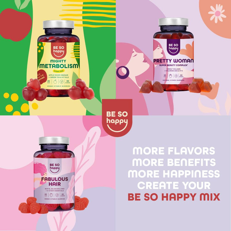 Sweet Sugar Free Apple Cider Vinegar Gummies with the Mother, Complex Ehanced with Greentea, Folic Acid, B12, B6, Selenium. High Dosage 100% Natural ACV Gummies BE SO HAPPY Mighty Metabolism